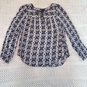 Lucky Brand Blouse Small Dusty Blue Medallion Print Tie Neck Long Sleeve Boho